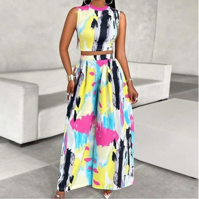 Mocamel Women 2Pcs Set: Colorful Full Body Print Sleeveless Top And Loose Slacks Leisure Daily