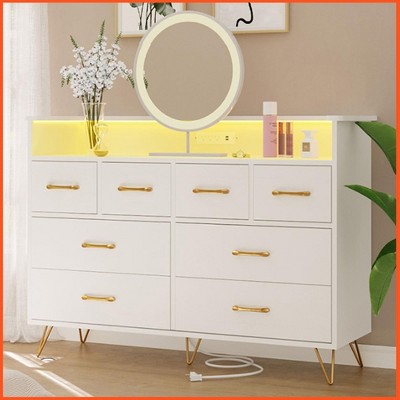 Homhougo Dresser for Bedroom with LED Light & Charging Station, 8 Drawers Wooden Dressers with Open Space White