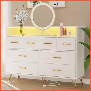 Homhougo Dresser for Bedroom with LED Light & Charging Station, 8 Drawers Wooden Dressers with Open Space White - 1 of 4