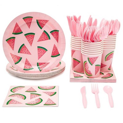 Juvale Serves 24 Watermelon Party Supplies for Summer, BBQs, Birthdays - Paper Plate, Napkin, Cup & Cutlery