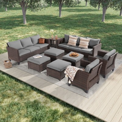Sonkuki Outdoor 9-Piece Patio Conversation Set with Ottoman and Side Table, Navy Blue Cushion