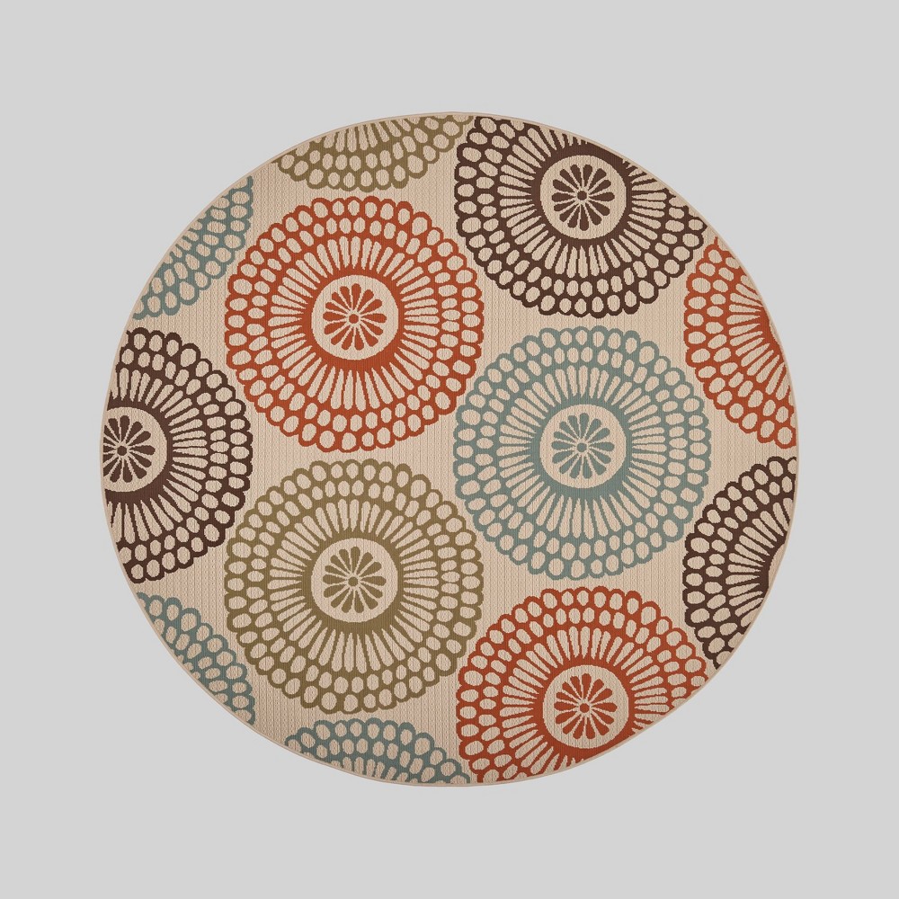 7'10in Round Geometric Outdoor Rug Ivory - Christopher Knight Home