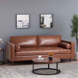 Mid-Century Modern Design 3-Seat Sofa for Living Room, Tufted Sofa with Bolster Pillows, PU Leather Couch with Wood Legs-Baofuwish - 1 of 4