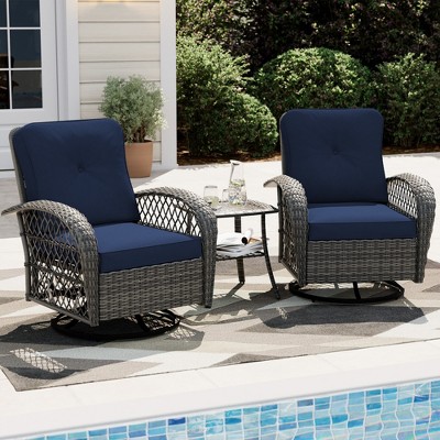 UPHA 3-Piece Patio Outdoor Wicker Swivel Rocking Chair Set with Side Table and Cushions