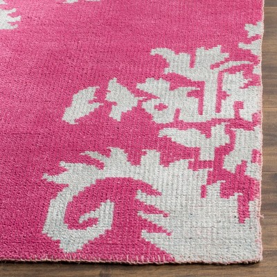 Fuchsia and White Hand-Knotted Wool Silk 8' x 10' Area Rug