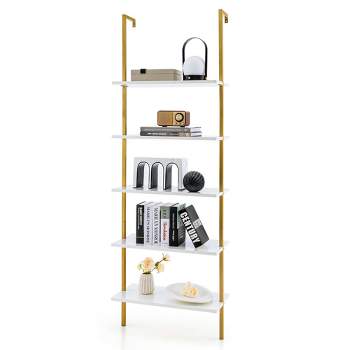 Tangkula 5 Tier Ladder Shelf 71" Open Wall-Mounted Bookcase with Golden Steel Frame
