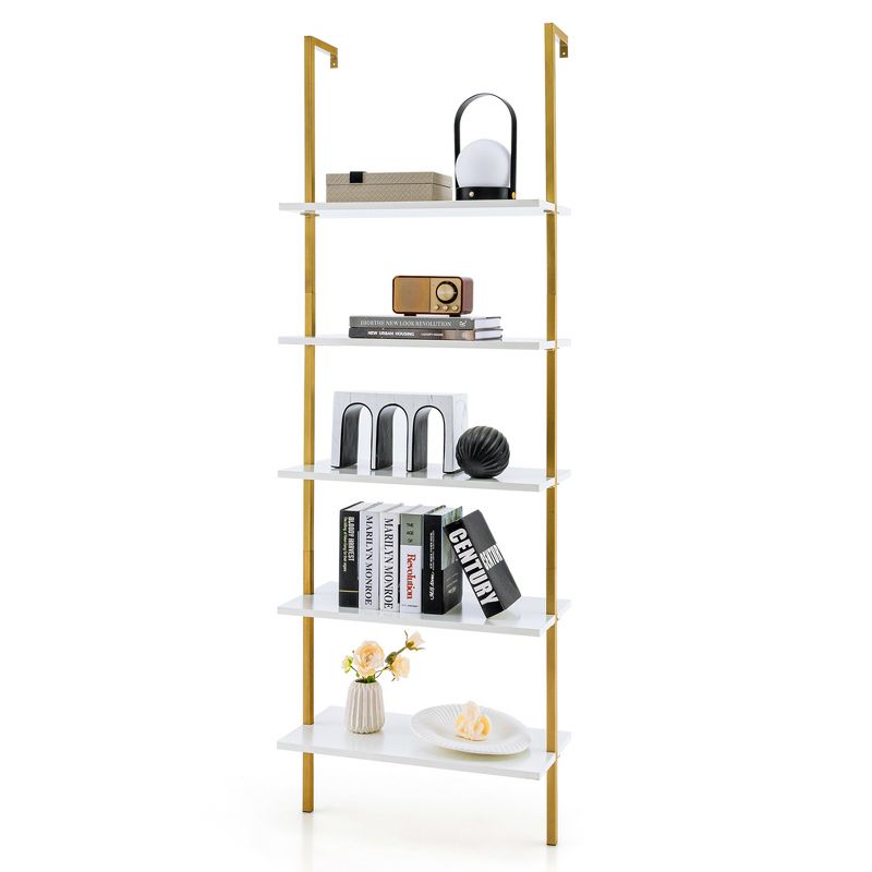 Tangkula 5 Tier Ladder Shelf 71" Open Wall-Mounted Bookcase with Golden Steel Frame, 1 of 13