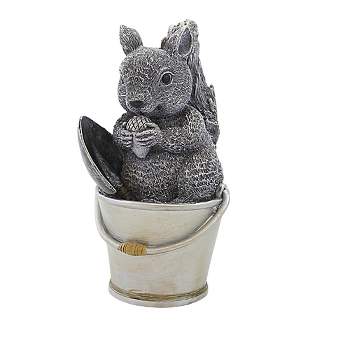 Roman Squirrel In Bucket Pudgy Pal  -  One Garden Statue 9 Inches -  Acorn Trowel  -  19012.  -  Polyresin  -  Gray