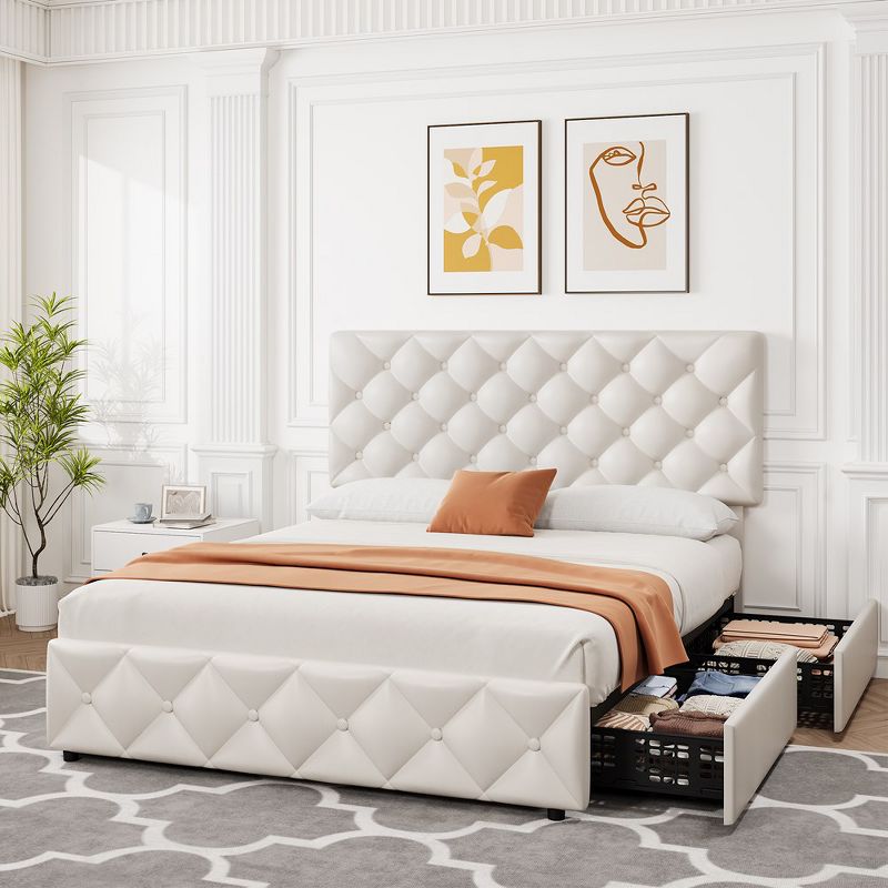 Whizmax Bed Frame with 4 Storage Drawers, Faux Leather Upholstered Platform Bed Frame with Adjustable Headboard, No Box Spring Needed, White, 2 of 8