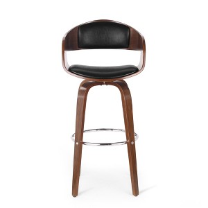 Mid-Century Modern Swivel Bar Stool with Faux Leather Upholstery, Wood Veneer Frame, and Chrome Footrest - 1 of 4