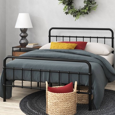 Florence Black Metal Queen Platform Bed Frame with Spindle Headboard