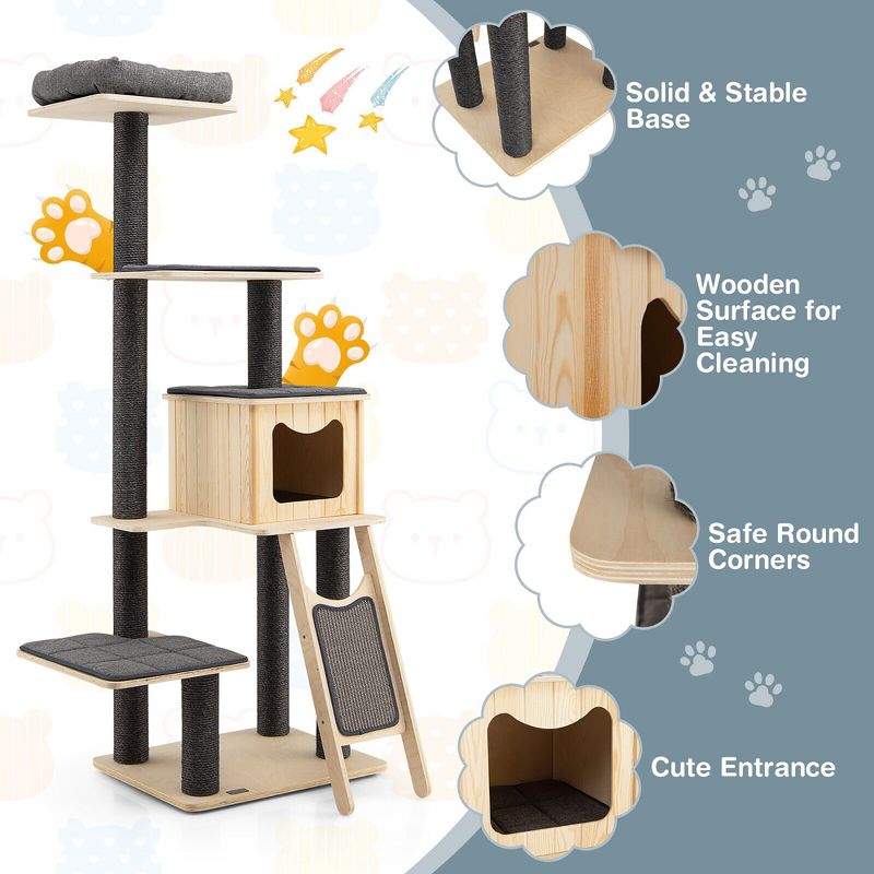 Tangkula 69 in Modern Wood Cat Tree 5-Tier Tall Cat Tower w/ Washable Cushions, 4 of 11