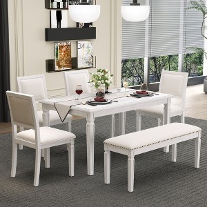 Whisen Vintage Dining Table Set & Rustic Kitchen Table Set for 6 with 4 Chairs & Bench and Retro Carved Legs - 1 of 4