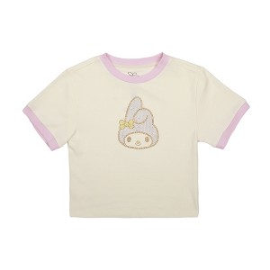 My Melody Character Face Rhinestone Chest Art Crew Neck Short Sleeve Women's White Crop Baby Tee - 1 of 4