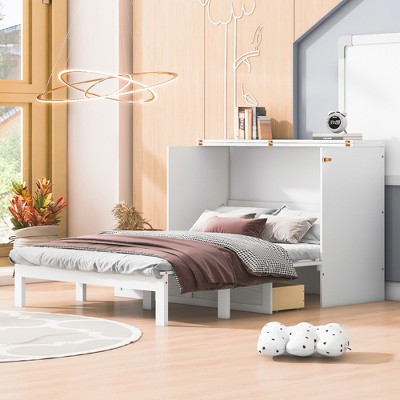 Queen/Full Size Murphy Bed Wall Bed, Modern Wood Cabinet Bed with Drawer and Sockets & USB Ports -ModernLuxe