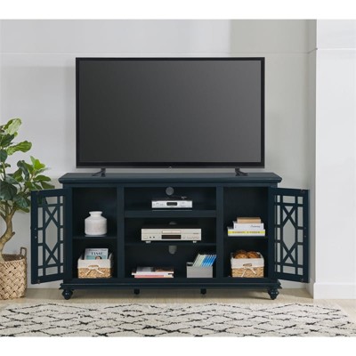Catalina Blue Transitional 63" TV Stand with Trellis Glass Doors