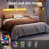 Queen Size Bed Frame Rattan Headboard with LED Lights and Charging Station Boho Bedframe with Storage Shelf and Under Bed Storage Solid Wood Support - 3 of 4