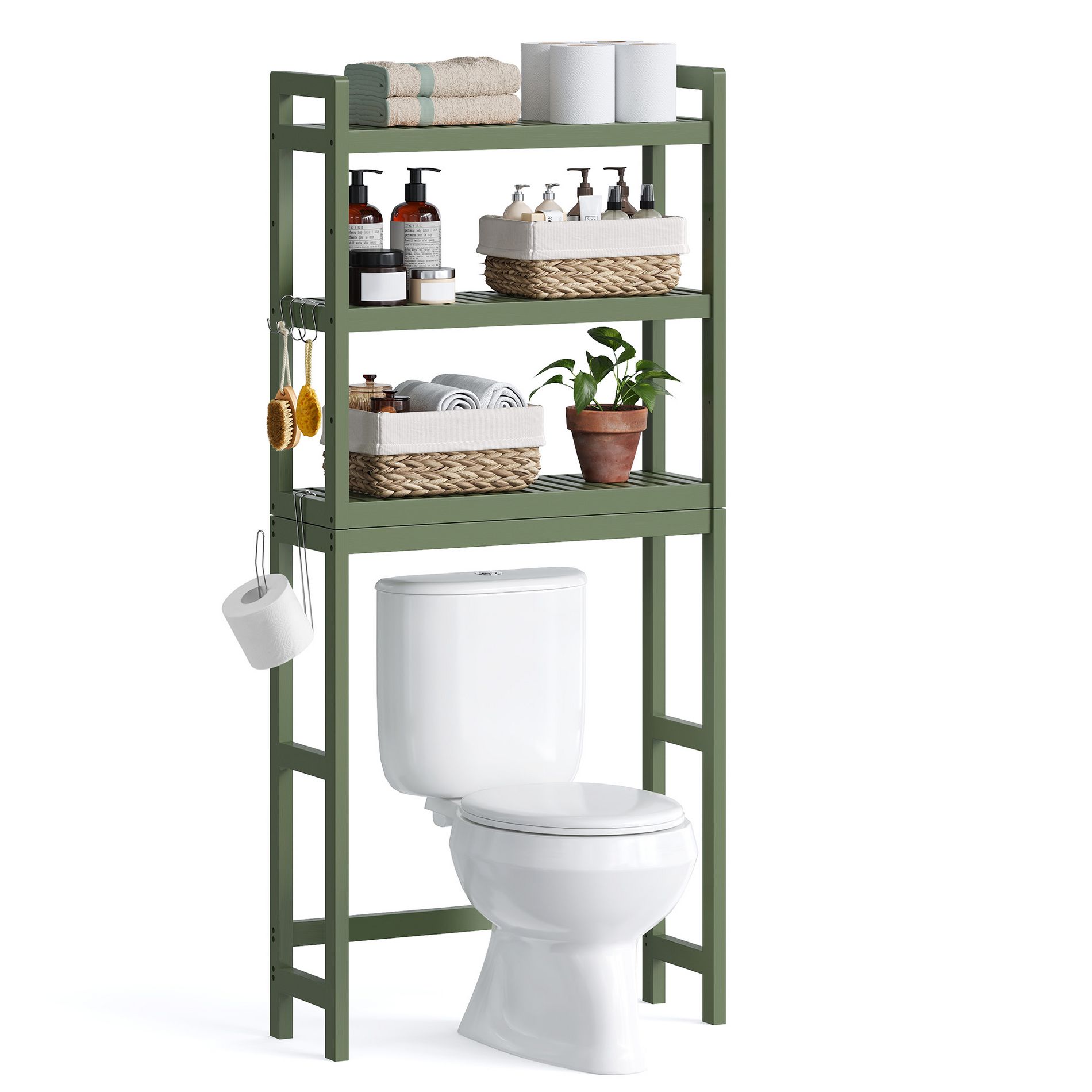 SONGMICS Over the Toilet Storage, 3-Tier Over Toilet Bathroom Organizer with Adjustable Shelf, Fit Most Toilets, Space-Saving, Forest Green