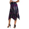 Women's Flowy Handkerchief Hem Midi Skirt - Asymmetric Boho Chic A-Line Skirt Black Purple Painting - 3 of 4