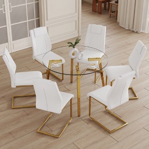 7-Piece Dining Set with Round Tempered Glass Table and 6 PU Armless Chairs - 1 of 4