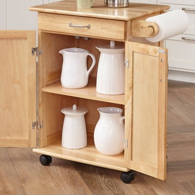 Natural Wood Rolling Kitchen Cart with Storage and Towel Bar
