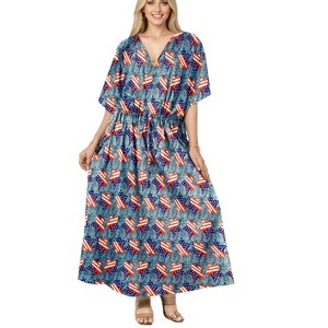 LA LEELA Women's Summer 4th of July Patriotic Beach Dress Plus Size Swimsuit Caftan Maxi Long Dresses Robe Kaftan 2X-3X Grey US Stars