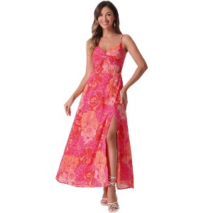 INSPIRE CHIC Women's Floral Print Pleated Back V Neck Split Elegant Maxi Sundresses - 1 of 4