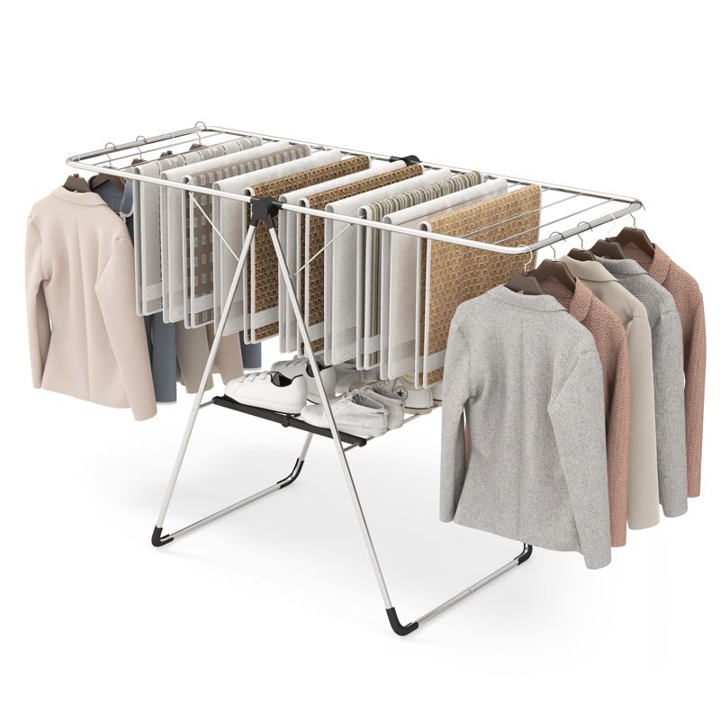 Collapsible Clothes Drying Rack 2-Level Folding Aluminum Drying Rack w/ Height-Adjustable Wings Bottom Shoe Rack, 1 of 10