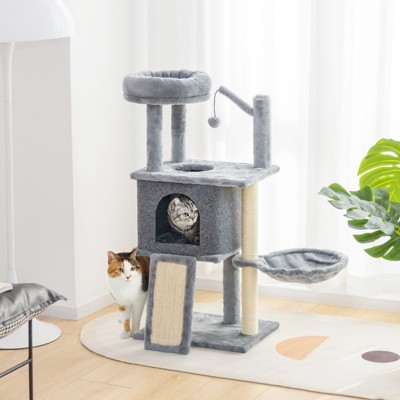 Modern Multicoloured Soft Plush Cat Tree Pet Tower with Top Resting Basket,Spacious Condos and Hanging Ball