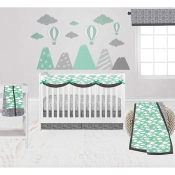 Bacati - Clouds in the City Mint/Gray 6 pc Crib Bedding Set with Long Rail Guard Cover