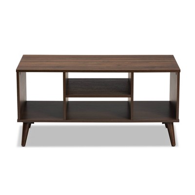 Linas Mid-Century Walnut Wood Coffee Table with Shelves