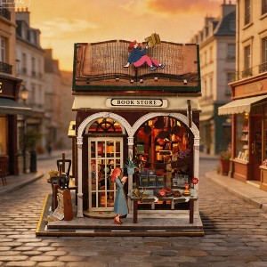 Wizardi Little Village Bookstore Wooden Miniature Dollhouse Kit