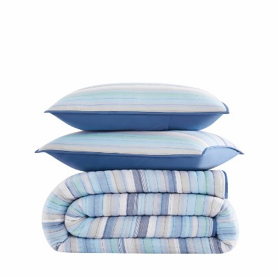 Blue and White Cotton Twin Quilt Set with Striped Design