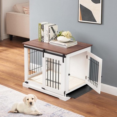 unipaws Wooden Dog Crate – Sliding Barn Door, Double Doors, Tray & Cushion