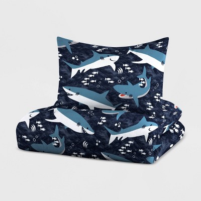 Navy Blue Cotton Twin Kids Shark Bed Set