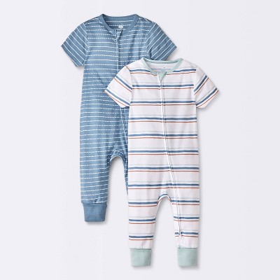 Baby 2pk Striped Adjustable Cuff Romper - Cloud Island™ Blue 0-3M