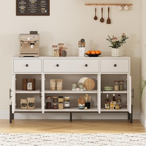 Sideboard Buffet Cabinet with Storage,62" Storage Cabinet with 4 Doors and 3 Drawers, Credenza Buffet Table for Living Room Dining Room Natural - 1 of 4