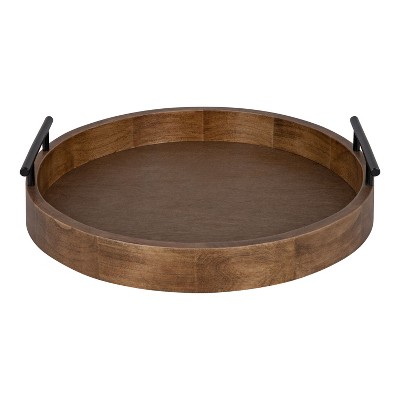 Rustic Brown Round Wood Tray with Black Metal Handles, 15.5" Diameter