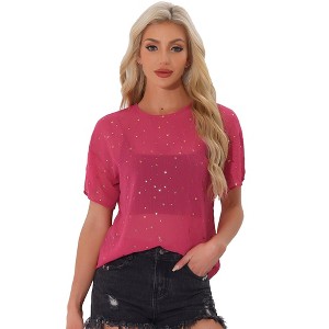 Allegra K Women's Party Sheer Short Sleeve Gilding Shiny Metallic Stars Blouses - 1 of 4