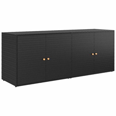 Black Poly Rattan Garden Storage Cabinet with Acacia Wood Knobs