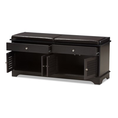 Contemporary Dark Brown Wood 2-Drawer Shoe Storage Bench with Faux Leather Cushion