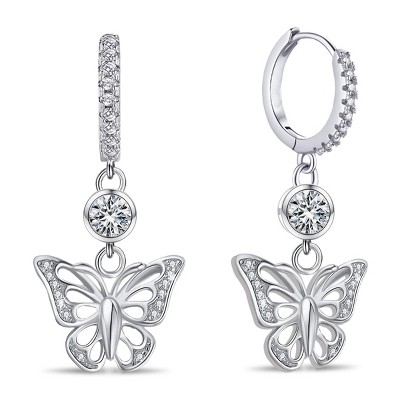 Paaaawaters 14k White Gold Plated 5A Cubic Zirconia Butterfly Hoop Dangle Earings