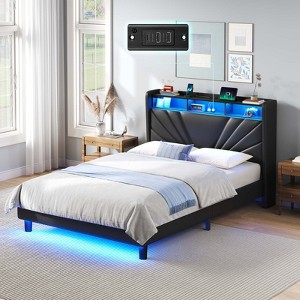 Greenstell  Modern Platform Bed Frame with LED Lights & Charging Station, Upholstered Storage Headboard with Shelves, Heavy-Duty Steel Slats - 1 of 4