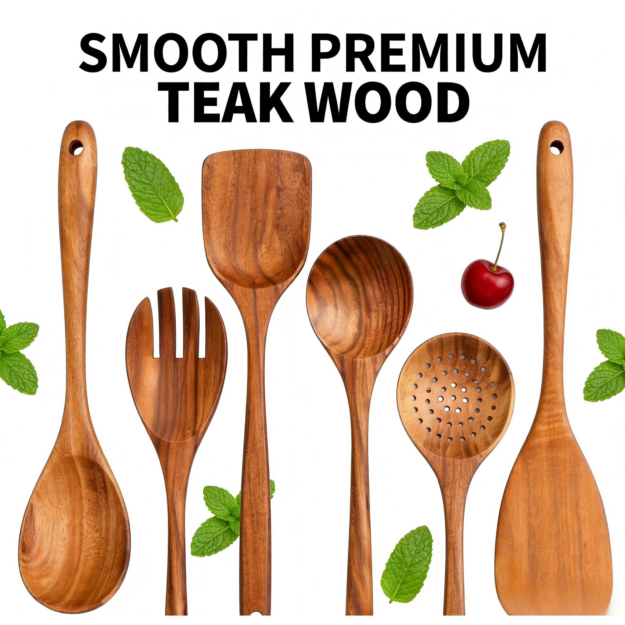 6-Piece Wooden Kitchen Utensil Set, Wooden Cooking Spoons and Serving Spoons for Nonstick Cookware