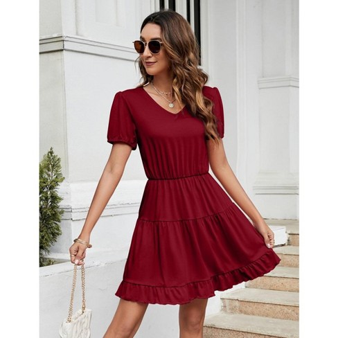 Puff Sleeve Ruffled Waist V Neck Dress