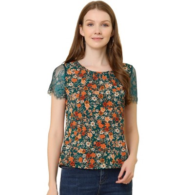 INSPIRE CHIC Women's Short Sleeve Round Neck Contrast Lace Floral Blouse