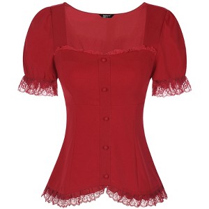 INSPIRE CHIC Women's Square Neck Solid Color Puff Short Sleeve Lace Up Gothic Blouse - 1 of 4