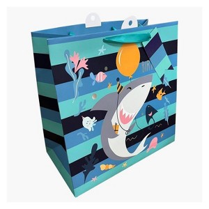 Bows And Sparkles Large Square Striped Shark Birthday Gift Bag with Tag Navy/Blue - 1 of 3