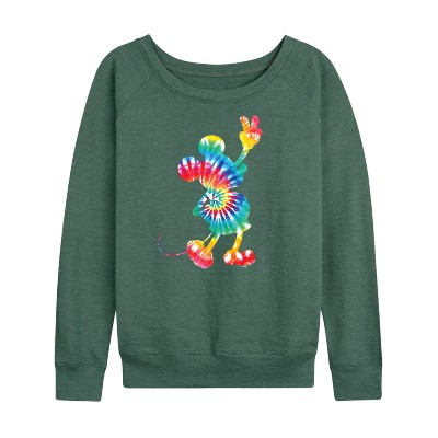 Women's - Disney - Mickey Silhouette Peace Tie Dye Lightweight French Terry Wide Neck Long Sleeve Shirt