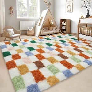 Shag Area Rug Modern Checkered Plush Fuzzy Rugs for Living Room Ultra-Soft Thick Furry Accent Carpet for Bedroom Contemporary Indoor Floor Mat - 1 of 4